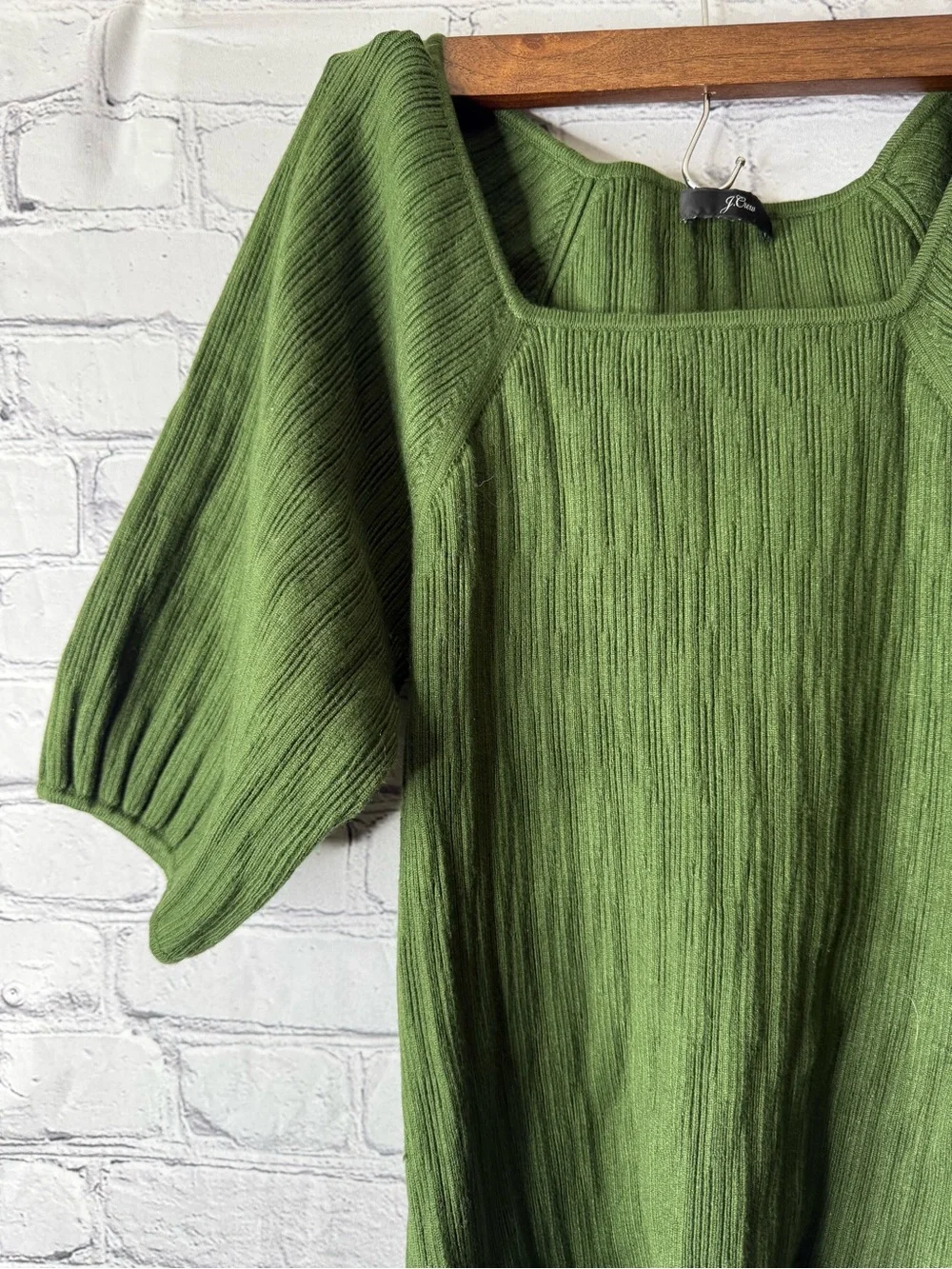 J. Crew Olive Green Square Neck Puff Sleeve Sweater size medium